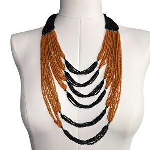 Vintage Black & Orange Multi-Strand Beaded Necklace With Metal Clasp HS206